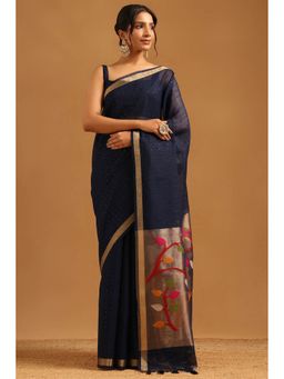 Soch - Navy Blue Tissue Woven Design Saree with Unstitched Blouse