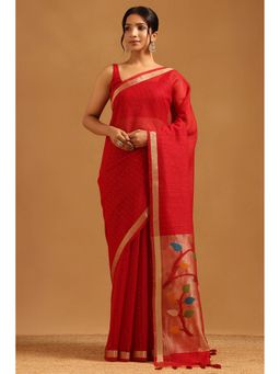 Soch - Red Tissue Woven Design Saree with Unstitched Blouse