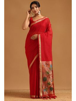 Soch - Red Tissue Woven Design Saree with Unstitched Blouse