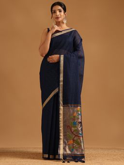 Soch - Navy Blue Tissue Woven Design Saree with Unstitched Blouse