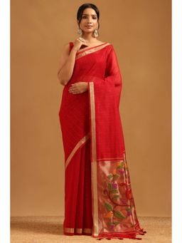 Soch - Red Tissue Woven Design Saree with Unstitched Blouse