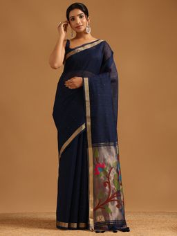 Soch - Navy Blue Tissue Woven Design Saree with Unstitched Blouse