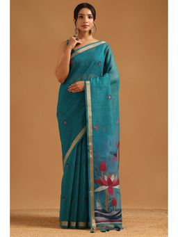 Soch - Blue Organza Woven Design Saree with Unstitched Blouse
