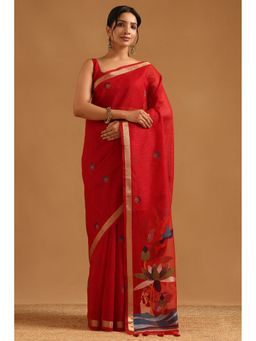 Soch - Red Organza Woven Design Saree with Unstitched Blouse