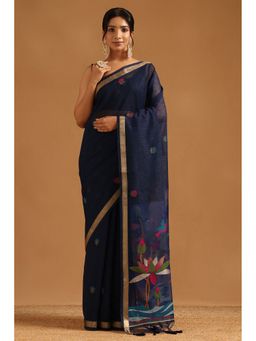 Soch - Navy Blue Organza Woven Design Saree with Unstitched Blouse