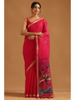 Soch - Pink Organza Woven Design Saree with Unstitched Blouse