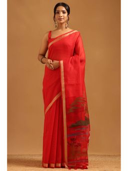 Soch - Red Organza Woven Design Saree with Unstitched Blouse