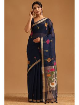 Soch - Navy Blue Tissue Woven Design Saree with Unstitched Blouse