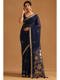 Soch - Navy Blue Organza Botanical Zari Woven Saree with Unstitched Blouse