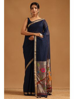 Soch - Navy Blue Tissue Woven Design Saree with Unstitched Blouse
