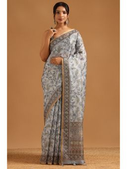 Soch - Grey Kota Botanical Saree with Unstitched Blouse