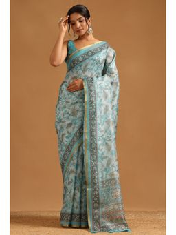 Soch - Blue Kota Botanical Saree with Unstitched Blouse