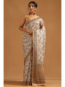 Soch - Beige Kota Botanical Saree with Unstitched Blouse