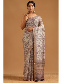 Soch - Beige Kota Botanical Saree with Unstitched Blouse