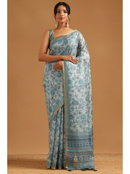 Soch - Powder Blue Kota Botanical Saree with Unstitched Blouse