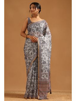 Soch - Grey Kota Botanical Saree with Unstitched Blouse