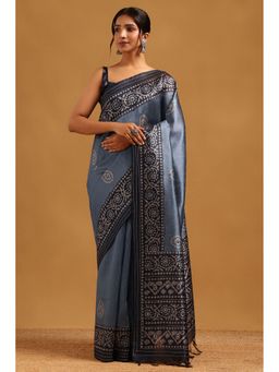 Soch - Blue Tussar Kantha Saree with Unstitched Blouse