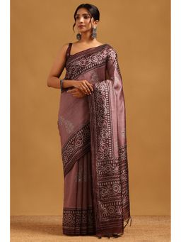 Soch - Onion Pink Tussar Kantha Saree with Unstitched Blouse