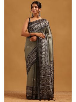 Soch - Olive Tussar Kantha Saree with Unstitched Blouse
