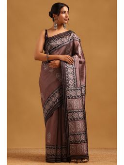 Soch - Earth Brown Tussar Kantha Saree with Unstitched Blouse