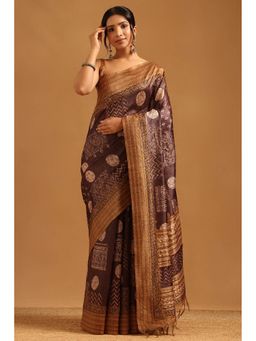 Soch - Brown Tussar Ethnic Motifs Kantha Saree with Unstitched Blouse