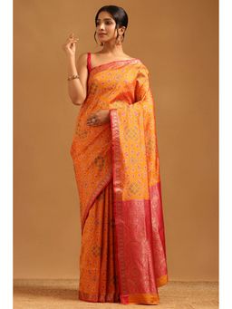 Soch - Orange Silk Blend Patola Saree with Unstitched Blouse