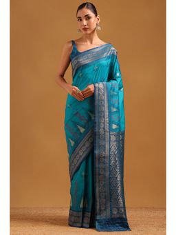 Soch - Blue Silk Blend Zari Woven Saree with Unstitched Blouse