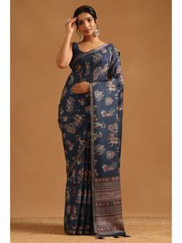 Soch - Navy Blue Art Silk Madhubani Saree with Unstitched Blouse
