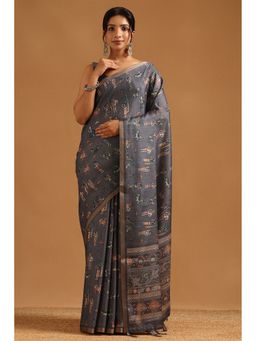 Soch - Grey Art Silk Madhubani Saree with Unstitched Blouse