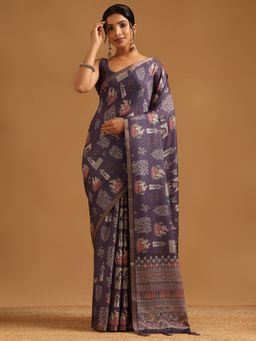 Soch - Purple Art Silk Botanical Saree with Unstitched Blouse