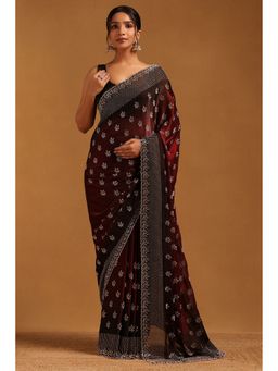 Soch - Wine Fendy Organza Botanical Saree with Unstitched Blouse