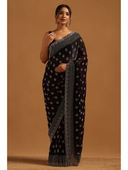 Soch - Black Fendy Organza Botanical Saree with Unstitched Blouse