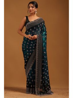 Soch - Teal Fendy Organza Botanical Saree with Unstitched Blouse