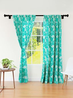 Encasa Homes - Tie Back Teal Blotch Polyester Printed Long Door Curtains (Pack of 2) 9 Feet