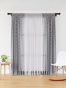 Encasa Homes - Tie Back Grey Trellis Combo Printed and Solid Window Curtains (Pack of 3) 7 Feet