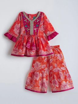 Hopscotch - Orange Mirror Embroidery Printed Tassel Kurti With Sharara
