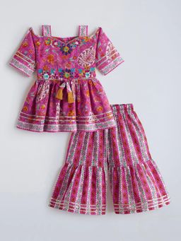 Hopscotch - Pink Floral Embroidery Printed Tassel Kurti With Sharara