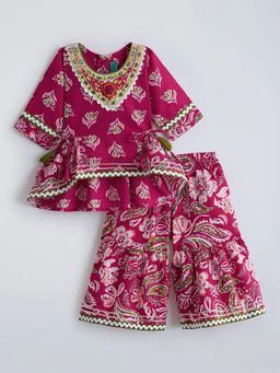 Hopscotch - Pink Floral Printed Mirror Embroidery Kurti With Sharara