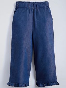 Hopscotch - Blue Ruffled Loose Fit Denim Pant