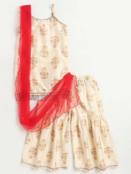 Hopscotch - Off White Floral Foil Printed Kurta With Sharara And Dupatta