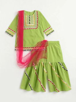 Hopscotch - Green Lace Trims Gota Work Kurta With Sharara And Dupatta