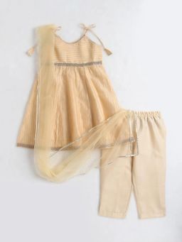 Hopscotch - Beige Striped Lace Anarkali Kurta With Pant And Dupatta