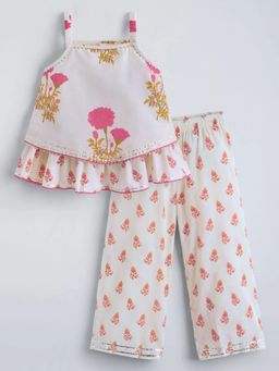 Hopscotch - Pink Floral Printed Ruffled Cotton Top And Pant