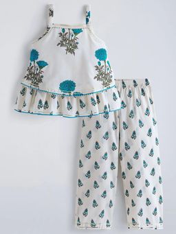 Hopscotch - Blue Floral Printed Ruffled Cotton Top And Pant
