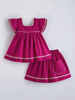Hopscotch - Pink Lace Ruffled Sleeves Top And Skirt