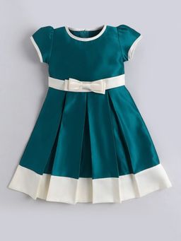 Hopscotch - Teal Bow Applique Solid Pleated Party Dress