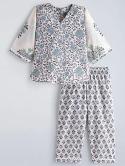 Hopscotch - Off White Pure Cotton Floral Printed Kurta With Pant