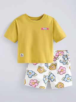 Hopscotch - Mustard Cotton T-Shirt And Floral Shorts