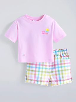 Hopscotch - Pink Cotton T-Shirt And Checkered Shorts