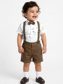 Hopscotch - Brown Cotton All Over Print Suspender Shirt And Shorts With Bow
